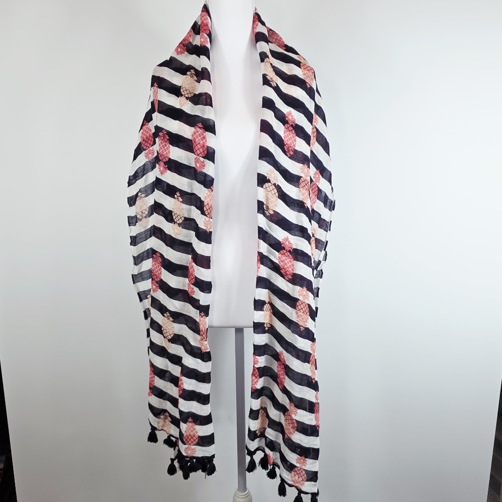 Spartina 449 Striped Navy Pineapple Novelty Print Linen Blend Tassel Wrap Scarf